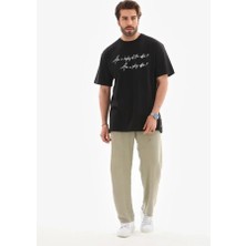 Pazarcan Unisex Bisiklet Yaka Baskılı Oversize T-Shirt - Siyah