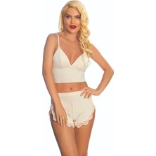 Pazarcan Ekru Lcralı Babydoll Şortlu Takım