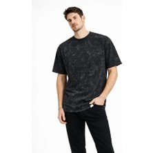 Pazarcan Erkek Asit Yıkama Bisiklet Yaka Kısa Kollu Oversize T-Shirt Tişört - Siyah