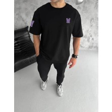 Pazarcan Unisex Bisiklet Yaka Baskılı Oversize T-Shirt - Siyah