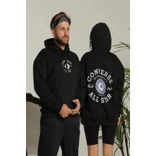 Pazarcan Erkek Sırt Baskılı Oversize Üç Iplik Kapüşonlu Hoodie Sweatshirt - Siyah