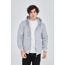 Pazarcan Erkek Kapüşonlu Düz Fermuarlı Hırka - Gri