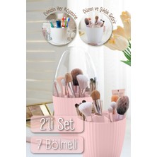 Pembe 2'li Fanus Kapaklı 7 Bölmeli Makyaj Organizer Seti