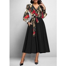 Pazarcan Kadın Uzun Kollu Kruvaze Yaka Dalgıç Krep Midi Boy Elbise