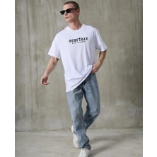 Pazarcan Unisex Bisiklet Yaka Baskılı Oversize T-Shirt - Beyaz