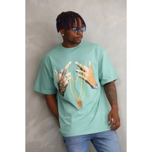 Pazarcan Unisex Baskılı Oversize T-Shirt - Mint Yeşili