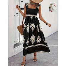 Pazarcan Kadın Askılı Kare Yaka Gipe Detaylı Desenli Suprem Elbise