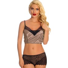 Pazarcan Vizon Saten Dantelli Babydoll Şortlu Takım