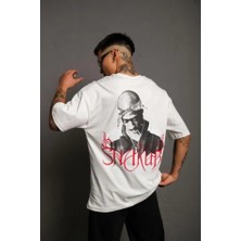 Pazarcan Erkek Sırt Baskılı Oversize T-Shirt - Beyaz