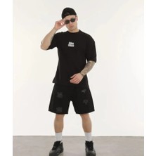 Pazarcan Unisex Bisiklet Yaka Baskılı Oversize T-Shirt - Siyah