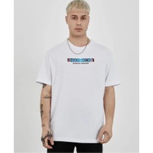 Pazarcan Unisex Bisiklet Yaka Baskılı Oversize T-Shirt - Beyaz
