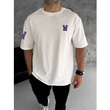 Pazarcan Unisex Bisiklet Yaka Baskılı Oversize T-Shirt - Beyaz