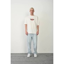 Pazarcan Unisex Bisiklet Yaka Baskılı Oversize T-Shirt - Beyaz