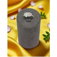 Lunel Silver 925 Ayar Gümüş Çift Kalpli Pembe ve Beyaz Taşlı Yüzük – Romantik ve Zarif Tasarım