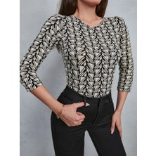 Pazarcan Kadın Baskılı Bisiklet Yaka Bluz