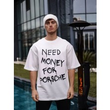 Pazarcan Unisex Bisiklet Yaka Baskılı Oversize T-Shirt - Beyaz