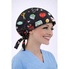 Dr. Mitra Cerrahi Bone Medikal Doktor Hemşire Hastane Bonesi Unisex -Siyah Maske Desen