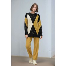 Mamayaga Kadın Uzun Kol Baklava Desen Bisiklet Yaka Tunik Boy Triko Büyük Beden Oversize Kazak Tunik