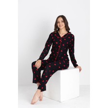 Kalp Desenli Düğmeli Uzun Kollu Anne Kız Pijama Takımı