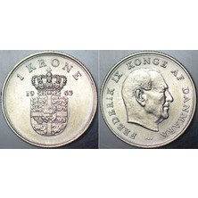 Banknoting Danimarka 1 Kron 1963 Kral 9. Frederik Dönemi. Çilaltı.