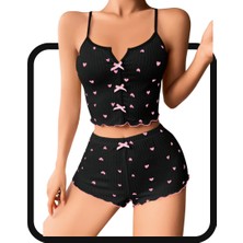 Zarvia Kalp Desenli Şort Crop Pijama Takım Siyah %100 Pamuk