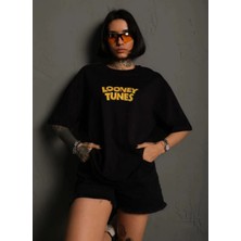 Tarz Yeri Unisex Bisiklet Yaka Baskılı Oversize T-Shirt - Siyah