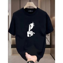 Tarz Yeri Rahat Bisiklet Yaka Tişört, Yaratıcı Karikatür Baskı - Yumuşak Polyester, Her Mevsim Giyilebilir- Siyah