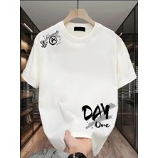 Day One Baskılı Oversize Bisiklet Yaka T-Shirt - Beyaz