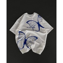 Tarz Yeri Unisex Bisiklet Yaka Baskılı Oversize T-Shirt - Beyaz