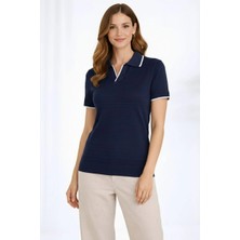 Kadın Triko Kumaş Yakalı Düğmesiz Açık Yaka Fitilli Kısa Kollu Regular Fit Tişört T-Shirt - Lacivert