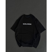 Tarz Yeri Unisex Bisiklet Yaka Baskılı Oversize T-Shirt - Siyah