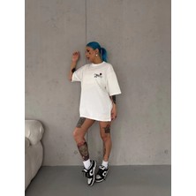 Unisex Bisiklet Yaka Baskılı Oversize T-Shirt - Beyaz