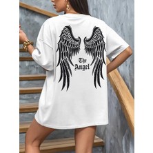 20/1 Penye Compack Dark Angel Baskılı Oversize Kısa Kol Yazlık T-Shirt- Beyaz