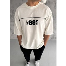 Pazarcan Unisex Bisiklet Yaka Baskılı Oversize T-Shirt - Beyaz