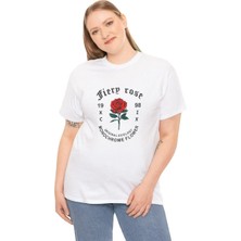 Tarz Yeri Unisex Kadın Bisiklet Yaka Baskılı T-Shirt - Beyaz