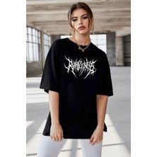 Tarz Yeri Unisex Bisiklet Yaka Baskılı Oversize T-Shirt - Siyah