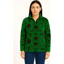 Kadın Yarım Fermuarlı Desenli Polar Sweat Tribal Etnik Desen Yakalı, Uzun Kollu, Oversize Rahat Kalıp - Yeşil