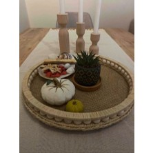 Fn Ahşap Boncuklu Doğal Rafya Hasır Dekoratif Tepsi 29,5cm