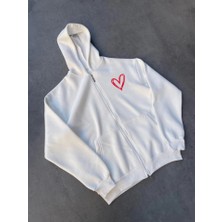 Pazarcan Üç Iplik Baskılı Fermuarlı Kapşonlu Hırka - Beyaz