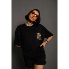 Tarz Yeri Unisex Bisiklet Yaka Baskılı Oversize T-Shirt - Siyah