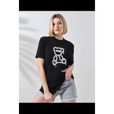 Tarz Yeri Unisex Kadın Bisiklet Yaka Baskılı T-Shirt - Siyah