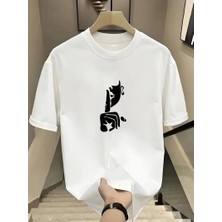 Rahat Bisiklet Yaka Tişört, Yaratıcı Karikatür Baskı - Yumuşak Polyester, Her Mevsim Giyilebilir- Beyaz