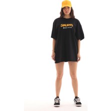 Unisex Bisiklet Yaka Baskılı Oversize T-Shirt - Siyah