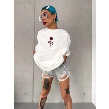 Unisex Bisiklet Yaka Baskılı Oversize T-Shirt - Beyaz
