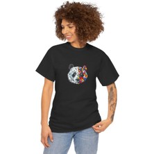 Unisex Kadın Bisiklet Yaka Baskılı T-Shirt - Siyah