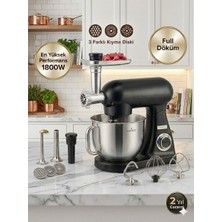 Karaca Tam Profesyonel Döküm Stand Mikseri 1800W Kıyma Çekme Aparatlı 6 Kademeli Hız Ayarlı Sıçratma Önleyici Kapaklı Hamur Şefi
