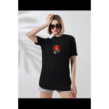 Tarz Yeri Unisex Kadın Bisiklet Yaka Baskılı T-Shirt - Siyah