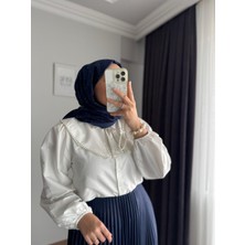 Rfk Butik Kadın Bebe Yaka Incili Etek Üstü Tasarım Gömlek - Beyaz