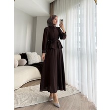 RFK Butik Kadın Melinda Begonya Kumaş Etekli Ikili Takım - Kahverengi