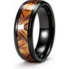 Famex Butik ve Aksesuar Siyah Kaplama Çelik Erkek Yüzüğü – Doğal Ahşap Desenli Orta Şeritli, Modern ve Maskülen Tasarım